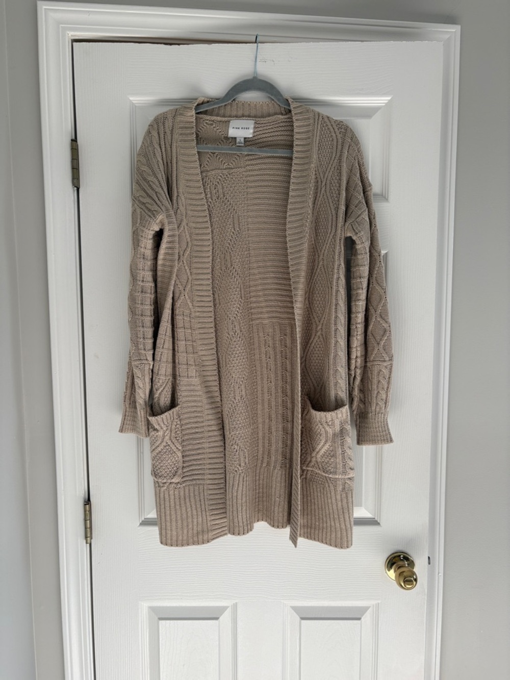 Pink Rose Taupe Cable Knit Open-Front Cardigan